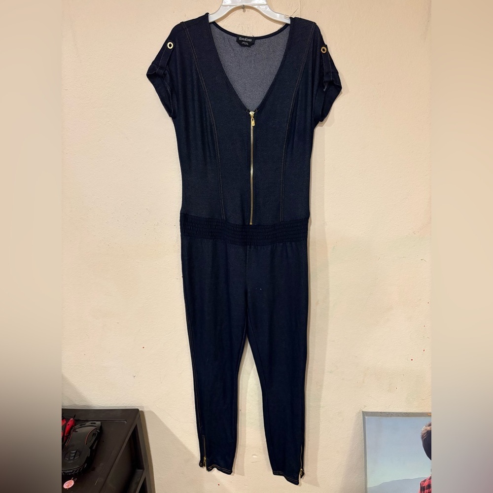 bebe Navy Jumpsuit with Gold Accents